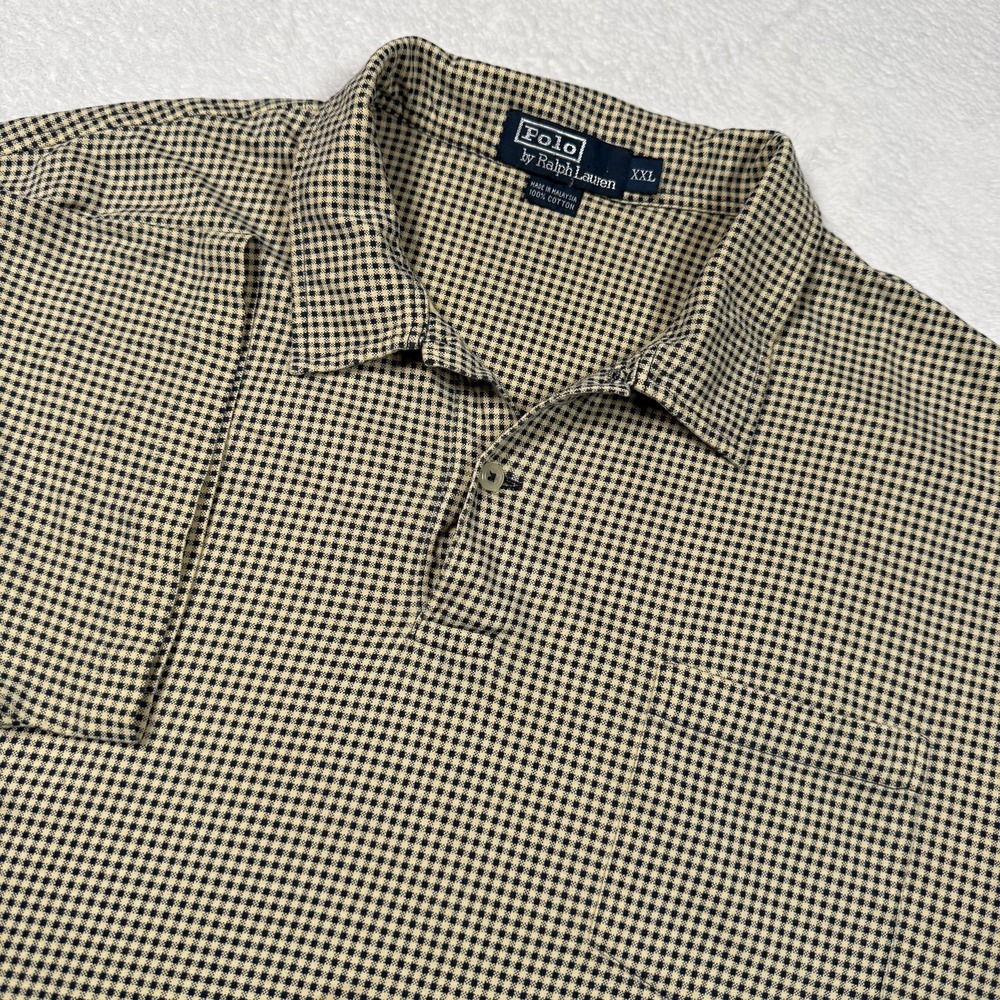 Polo By Ralph Lauren Polo Shirt Mens 2XL Beige Check Pocket Cotton Short Sleeve